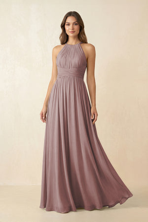 Dusty Rose Halter Pleated A-Line Chiffon Bridesmaid Dress | KISSBRIDAL