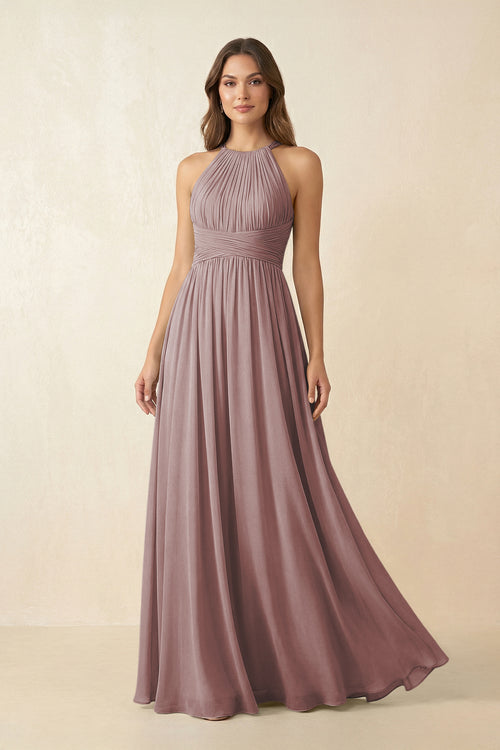 Dusty Rose Halter Pleated A-Line Chiffon Bridesmaid Dress | KISSBRIDAL