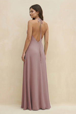 Dusty Rose Halter Sheath Long Chiffon Bridesmaid Dress (2) | KISSBRIDAL
