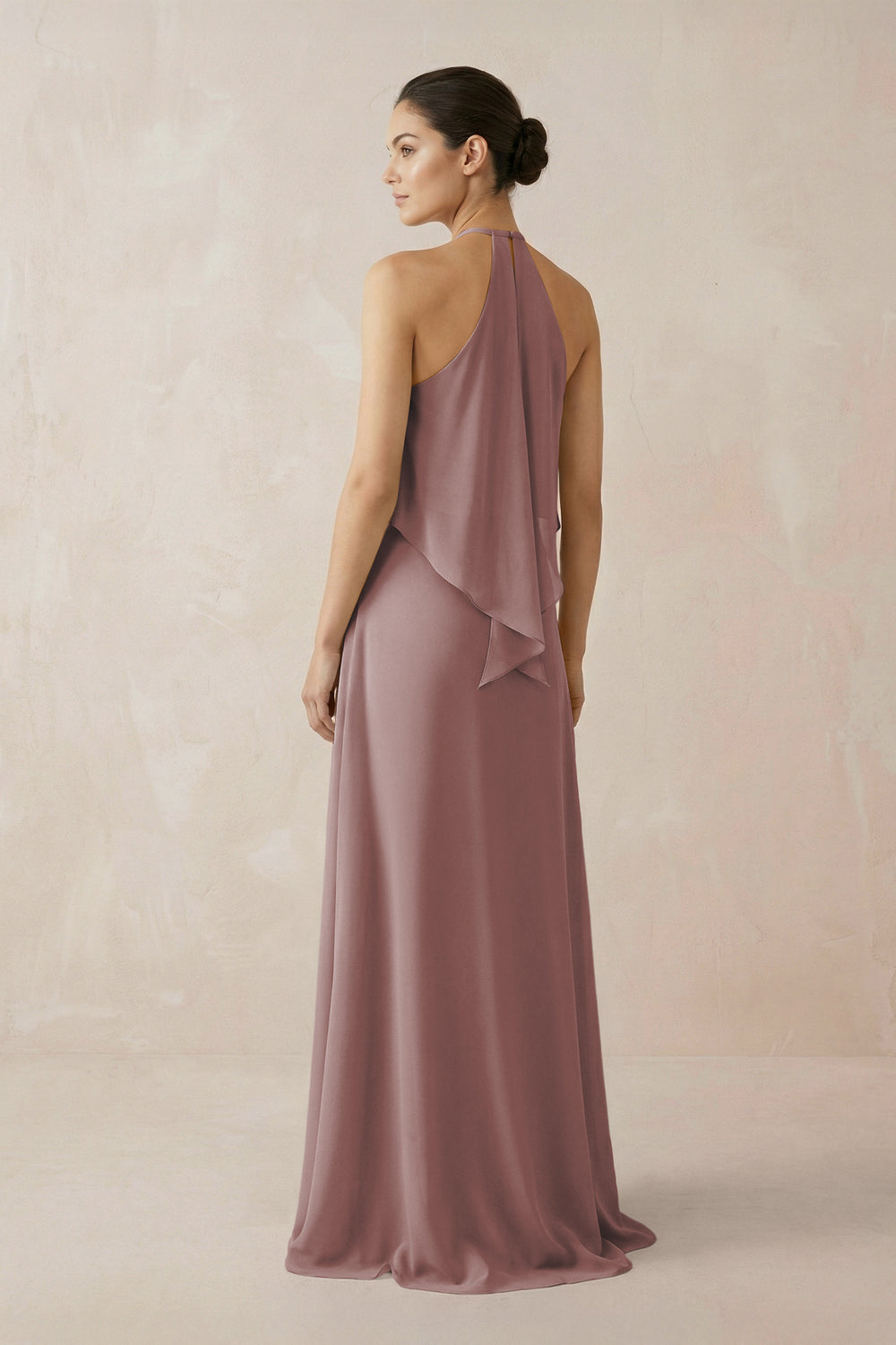Halter Sheath Ruffled Chiffon Bridesmaid Dress in Dusty Rose