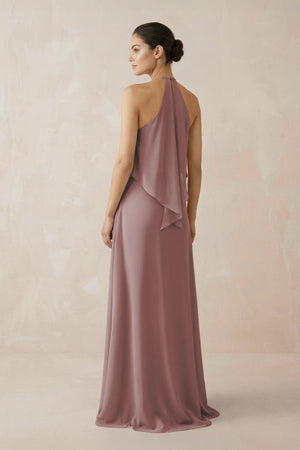 Dusty Rose Halter Sheath Ruffled Chiffon Bridesmaid Dress (2) | KISSBRIDAL