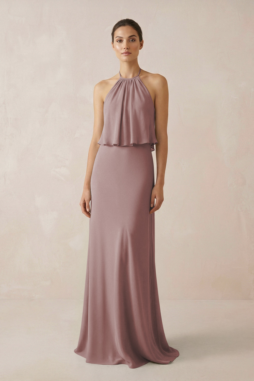 Halter Sheath Ruffled Chiffon Bridesmaid Dress in Dusty Rose