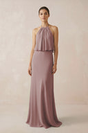 Dusty Rose Halter Sheath Ruffled Chiffon Bridesmaid Dress | KISSBRIDAL