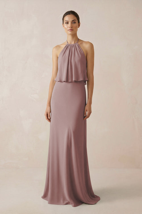 Dusty Rose Halter Sheath Ruffled Chiffon Bridesmaid Dress | KISSBRIDAL