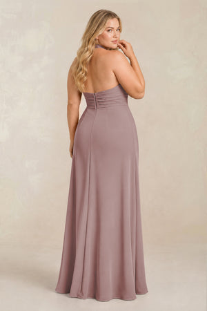 Dusty Rose High Neck Chiffon Sheath Ruched Bridesmaid Dress (2) [sizeplus] | KISSBRIDAL