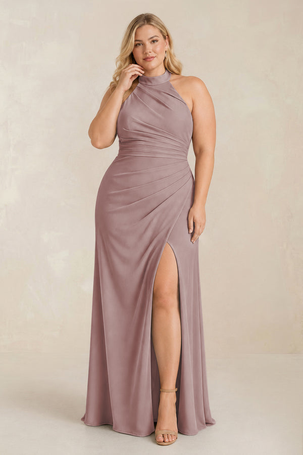 Dusty Rose High Neck Chiffon Sheath Ruched Bridesmaid Dress [sizeplus] | KISSBRIDAL