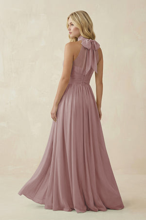 Dusty Rose Illusion Halter A-Line Chiffon Bridesmaid Gown (2) | KISSBRIDAL
