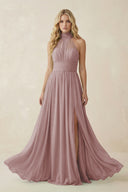 Dusty Rose Illusion Halter A-Line Chiffon Bridesmaid Gown | KISSBRIDAL