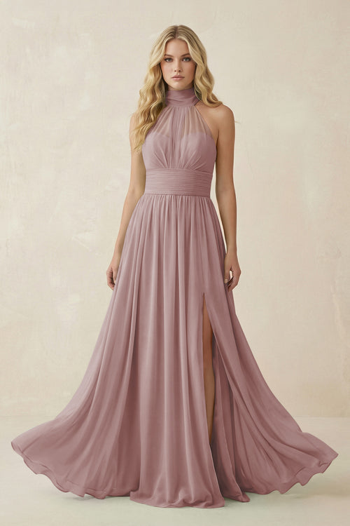 Dusty Rose Illusion Halter A-Line Chiffon Bridesmaid Gown | KISSBRIDAL