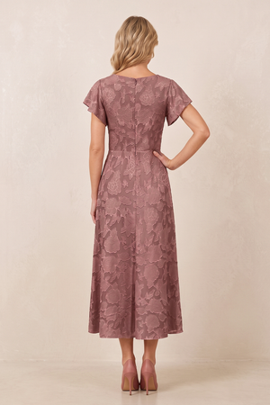 Dusty Rose Jacquard A-Line V-Neck Midi Mother of the Bride Dress (2) | KISSBRIDAL