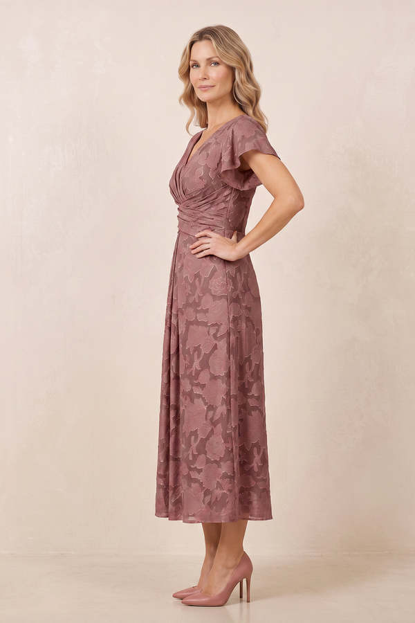 Dusty Rose Jacquard A-Line V-Neck Midi Mother of the Bride Dress (3) | KISSBRIDAL