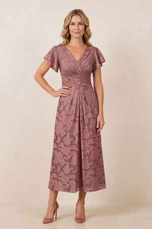 Dusty Rose Jacquard A-Line V-Neck Midi Mother of the Bride Dress | KISSBRIDAL
