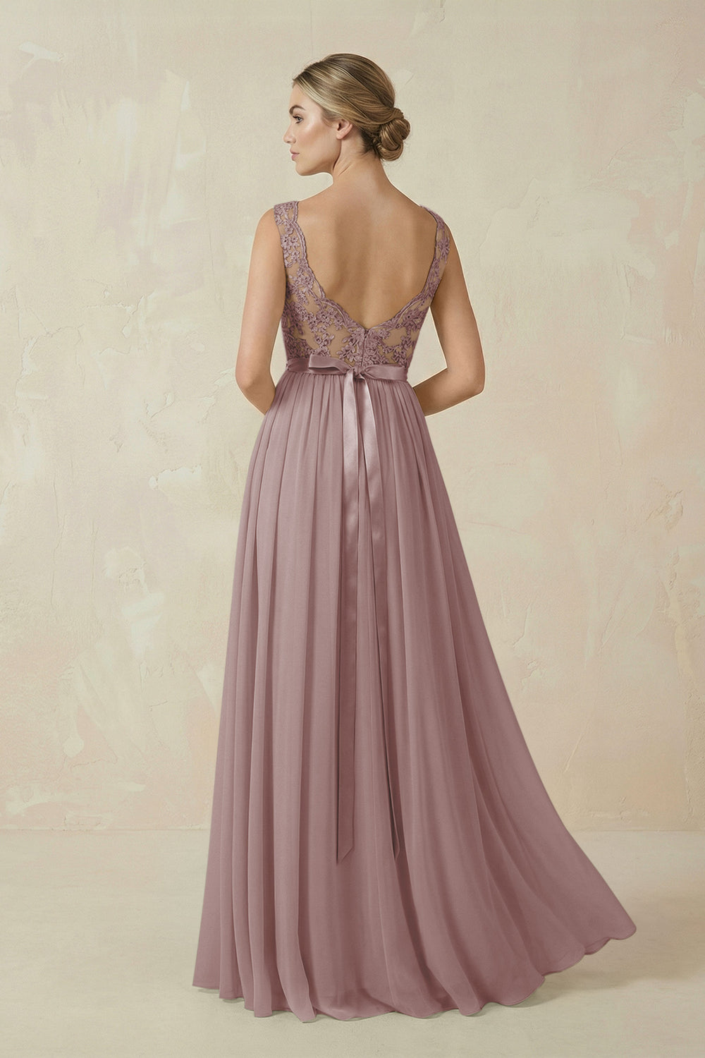 Lace A-Line Bateau Neck Chiffon Long Bridesmaid Dress in Dusty Rose