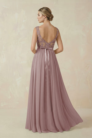 Dusty Rose Lace A-Line Bateau Neck Chiffon Long Bridesmaid Dress (2) | KISSBRIDAL