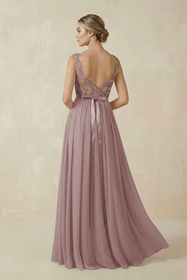 Dusty Rose Lace A-Line Bateau Neck Chiffon Long Bridesmaid Dress (2) | KISSBRIDAL