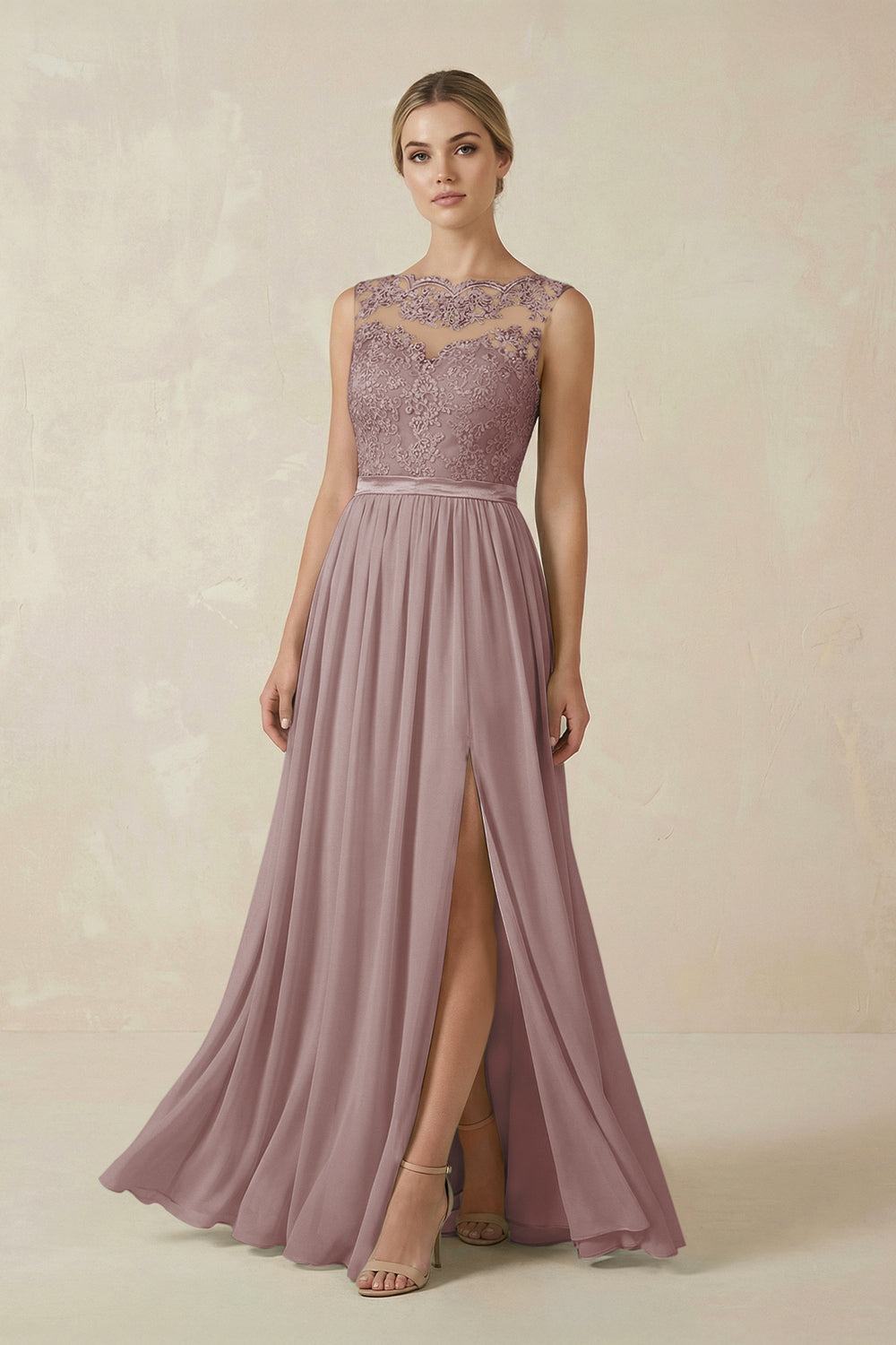 Lace A-Line Bateau Neck Chiffon Long Bridesmaid Dress in Dusty Rose