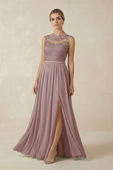 Dusty Rose Lace A-Line Bateau Neck Chiffon Long Bridesmaid Dress | KISSBRIDAL