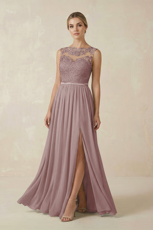 Dusty Rose Lace A-Line Bateau Neck Chiffon Long Bridesmaid Dress | KISSBRIDAL
