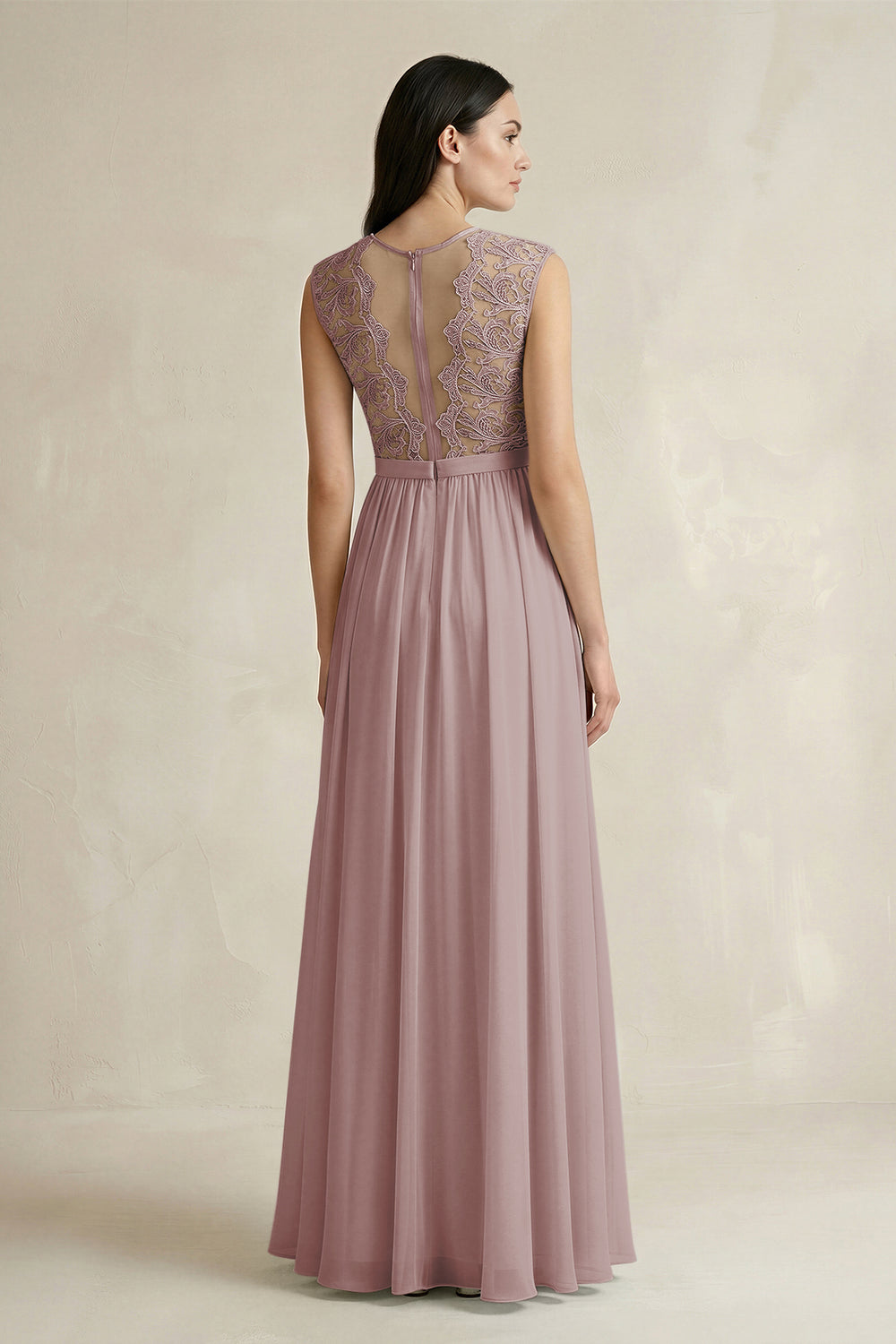 Lace Chiffon A-Line Round Neck Bridesmaid Dress in Dusty Rose