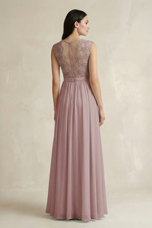 Dusty Rose Lace Chiffon A-Line Round Neck Bridesmaid Dress (2) | KISSBRIDAL