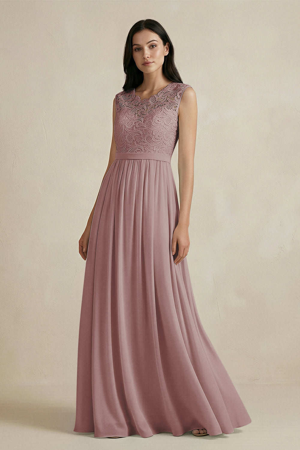 Lace Chiffon A-Line Round Neck Bridesmaid Dress in Dusty Rose
