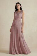 Dusty Rose Lace Chiffon A-Line Round Neck Bridesmaid Dress | KISSBRIDAL
