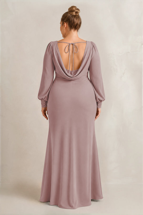 Dusty Rose Long Sleeve V-Neck Sheath Chiffon Bridesmaid Dress (2) [sizeplus] | KISSBRIDAL