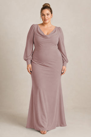 Dusty Rose Long Sleeve V-Neck Sheath Chiffon Bridesmaid Dress [sizeplus] | KISSBRIDAL