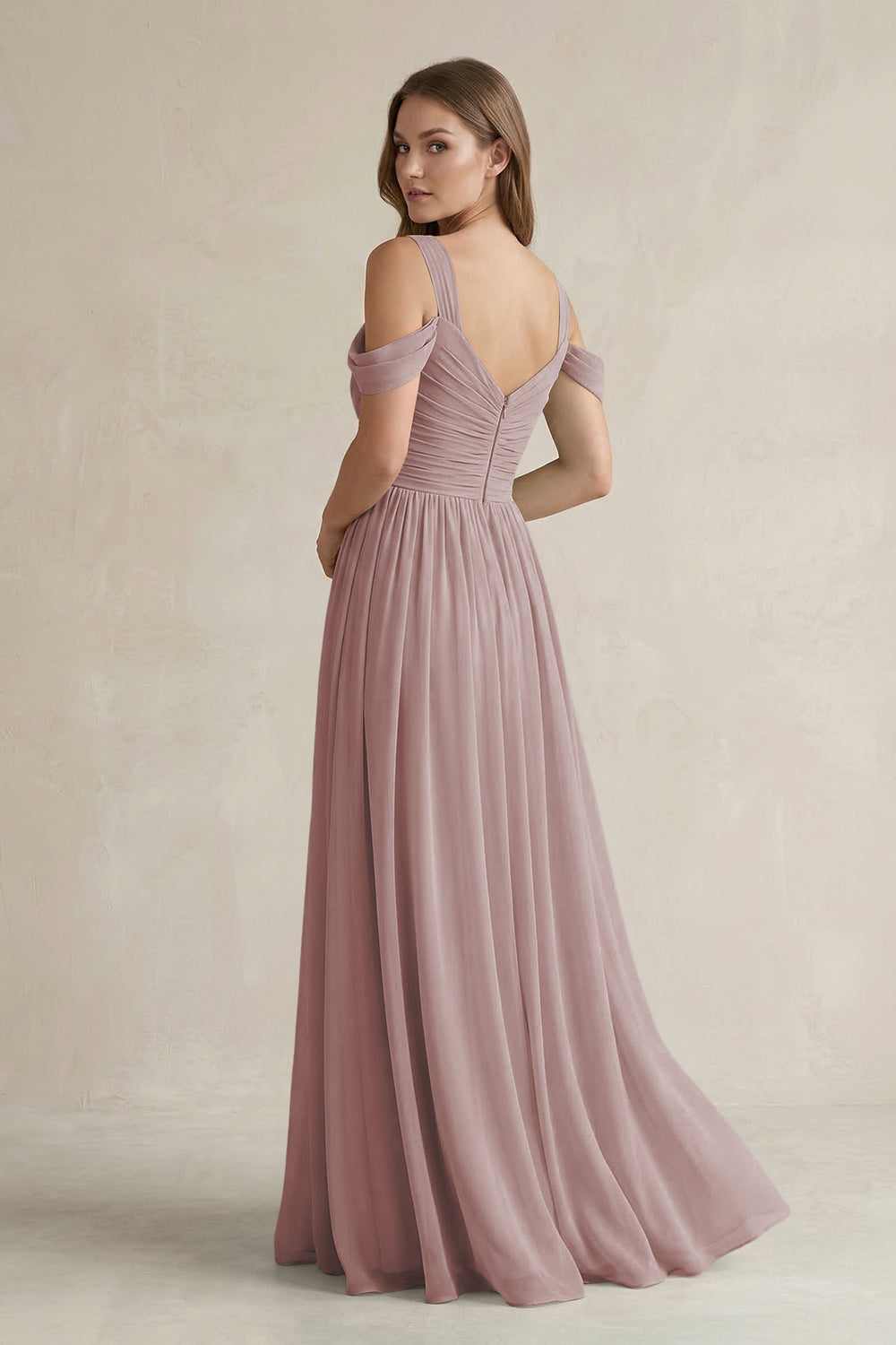 Off-the-Shoulder A-Line Chiffon Bridesmaid Dress With Slit in Dusty Rose