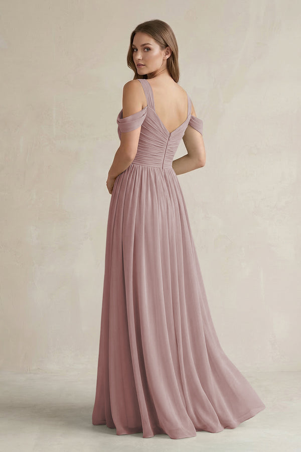 Dusty Rose Off-the-Shoulder A-Line Chiffon Bridesmaid Dress With Slit (2) | KISSBRIDAL