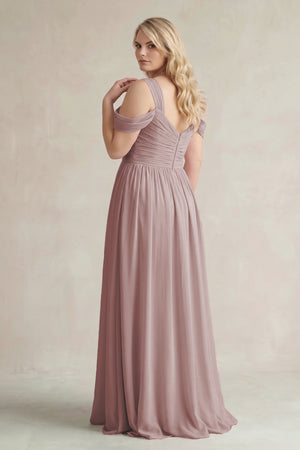Dusty Rose Off-the-Shoulder A-Line Chiffon Bridesmaid Dress With Slit (2) | KISSBRIDAL