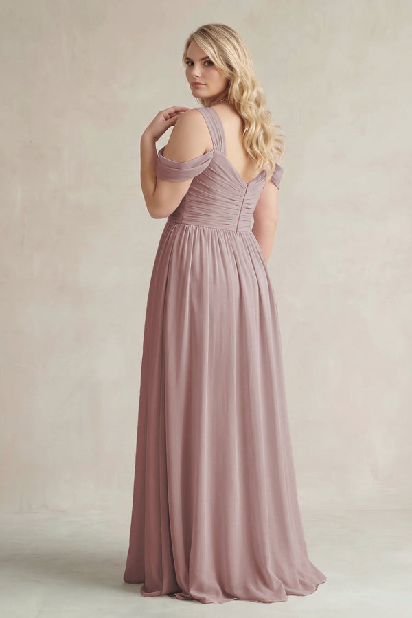 Dusty Rose Off-the-Shoulder A-Line Chiffon Bridesmaid Dress With Slit (2) | KISSBRIDAL