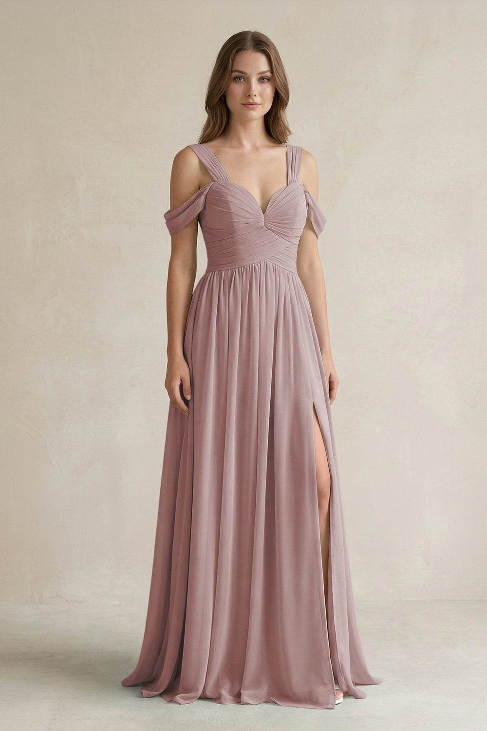 Off-the-Shoulder A-Line Chiffon Bridesmaid Dress With Slit in Dusty Rose