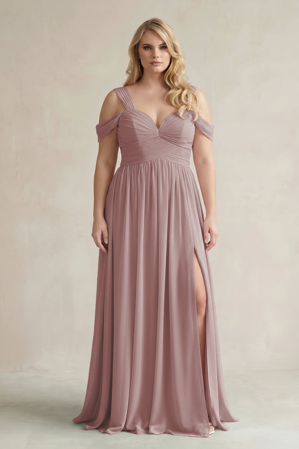 Dusty Rose Off-the-Shoulder A-Line Chiffon Bridesmaid Dress With Slit | KISSBRIDAL