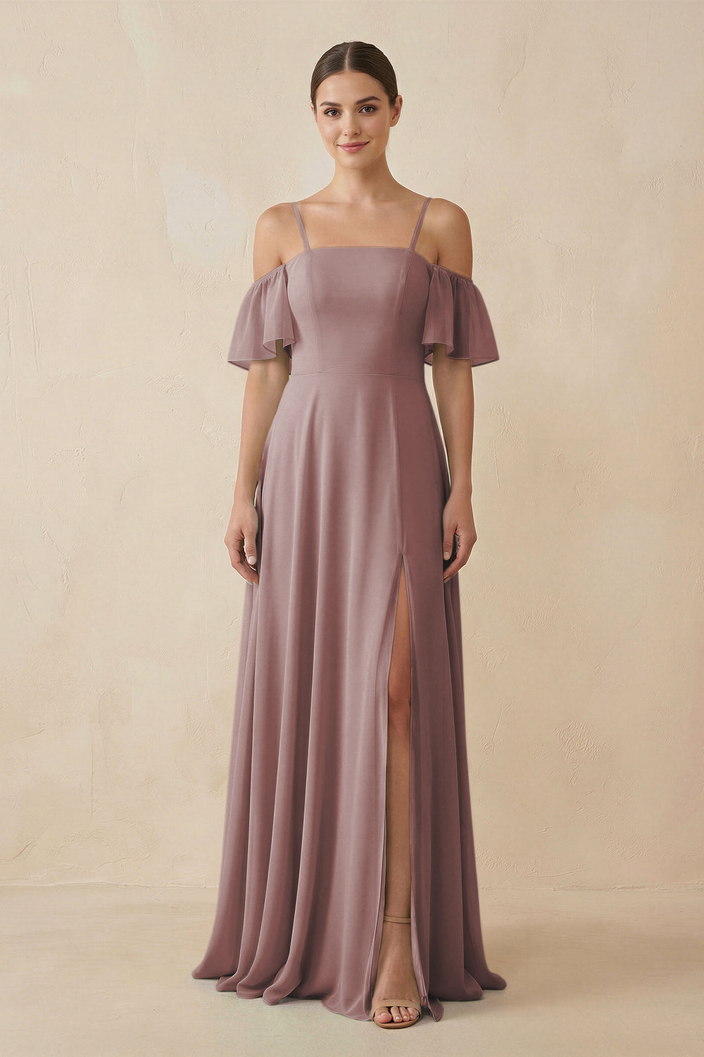 Off-the-Shoulder A-Line Chiffon Bridesmaid Dress in Dusty Rose