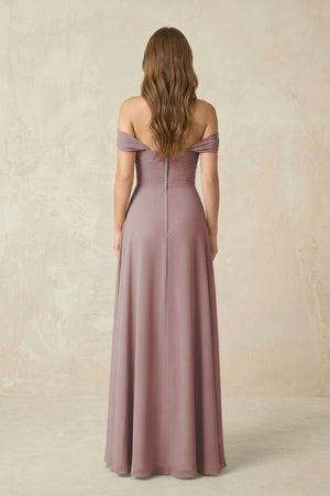 Dusty Rose Off-the-Shoulder A-Line Chiffon Pleated Bridesmaid Dress (2) | KISSBRIDAL