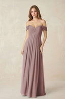 Dusty Rose Off-the-Shoulder A-Line Chiffon Pleated Bridesmaid Dress | KISSBRIDAL