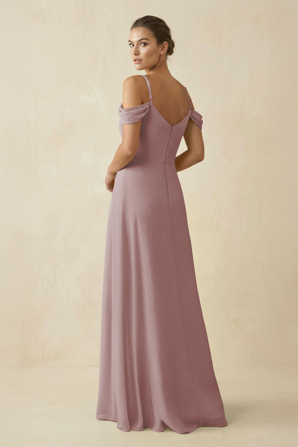 Off-the-Shoulder A-Line Pleated Chiffon Bridesmaid Gown in Dusty Rose