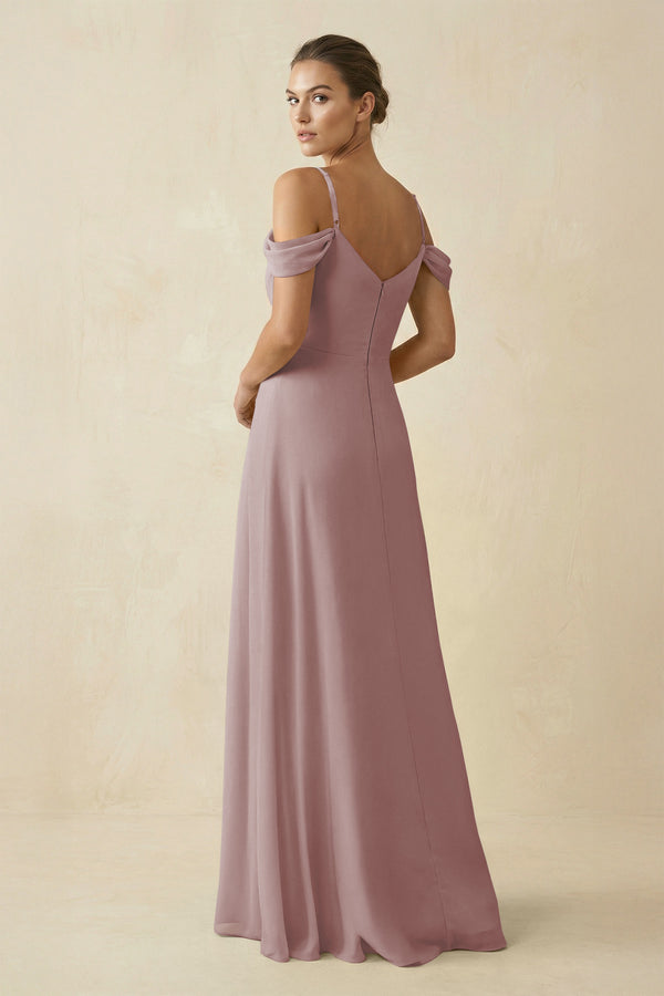 Dusty Rose Off-the-Shoulder A-Line Pleated Chiffon Bridesmaid Gown (2) | KISSBRIDAL