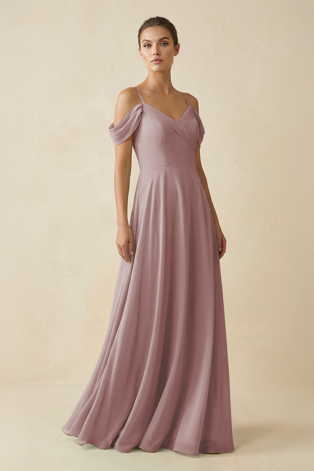 Off-the-Shoulder A-Line Pleated Chiffon Bridesmaid Gown in Dusty Rose