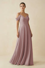 Dusty Rose Off-the-Shoulder A-Line Pleated Chiffon Bridesmaid Gown | KISSBRIDAL
