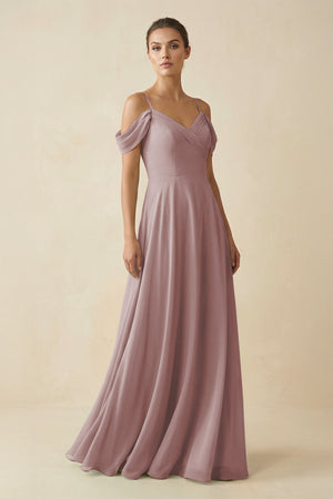 Dusty Rose Off-the-Shoulder A-Line Pleated Chiffon Bridesmaid Gown | KISSBRIDAL