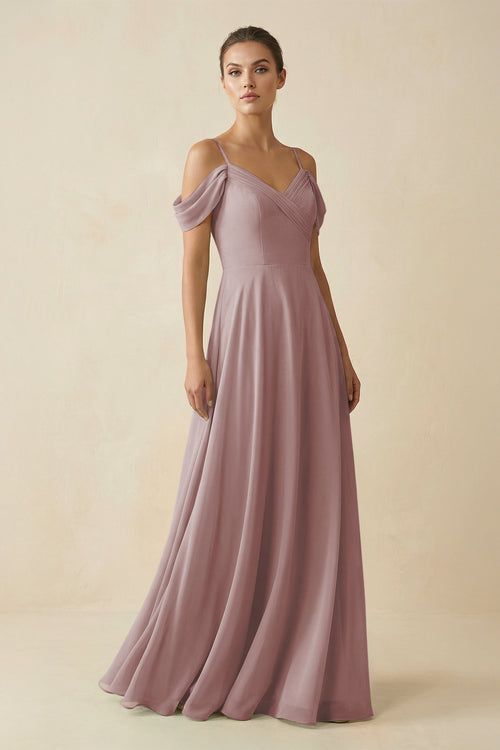 Dusty Rose Off-the-Shoulder A-Line Pleated Chiffon Bridesmaid Gown | KISSBRIDAL