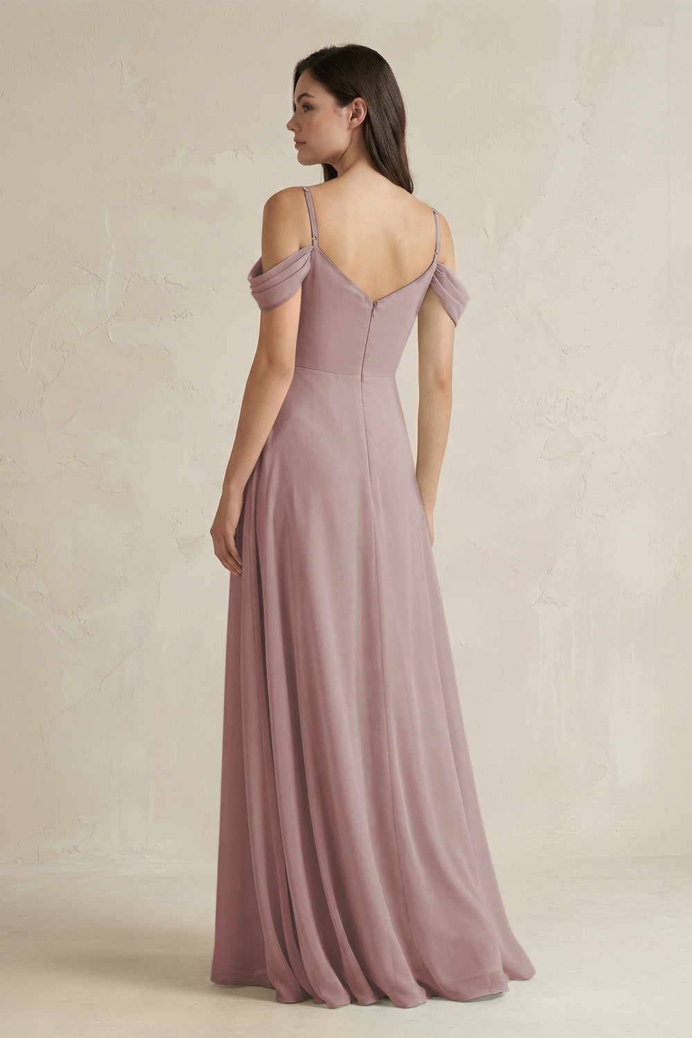 Off-the-Shoulder Chiffon A-Line Bridesmaid Dress in Dusty Rose