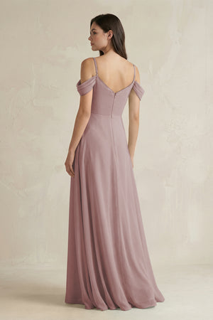 Dusty Rose Off-the-Shoulder Chiffon A-Line Bridesmaid Dress (2) | KISSBRIDAL