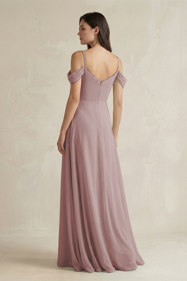 Dusty Rose Off-the-Shoulder Chiffon A-Line Bridesmaid Dress (2) | KISSBRIDAL