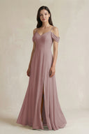 Dusty Rose Off-the-Shoulder Chiffon A-Line Bridesmaid Dress | KISSBRIDAL