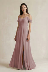 Dusty Rose Off-the-Shoulder Chiffon A-Line Bridesmaid Dress | KISSBRIDAL
