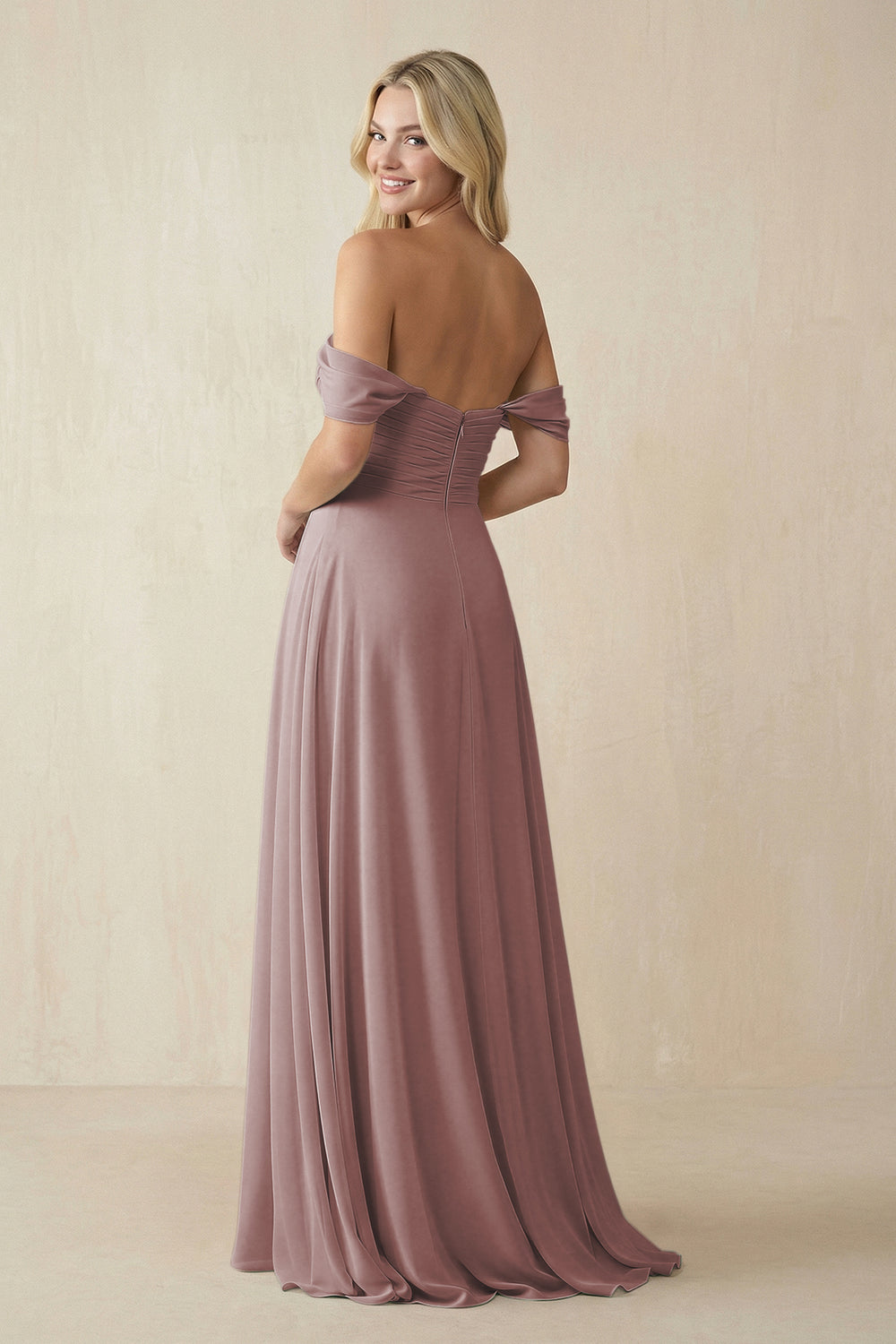 Off-the-Shoulder Chiffon A-Line Long Bridesmaid Dress in Dusty Rose