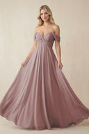 Dusty Rose Off-the-Shoulder Chiffon A-Line Long Bridesmaid Dress | KISSBRIDAL